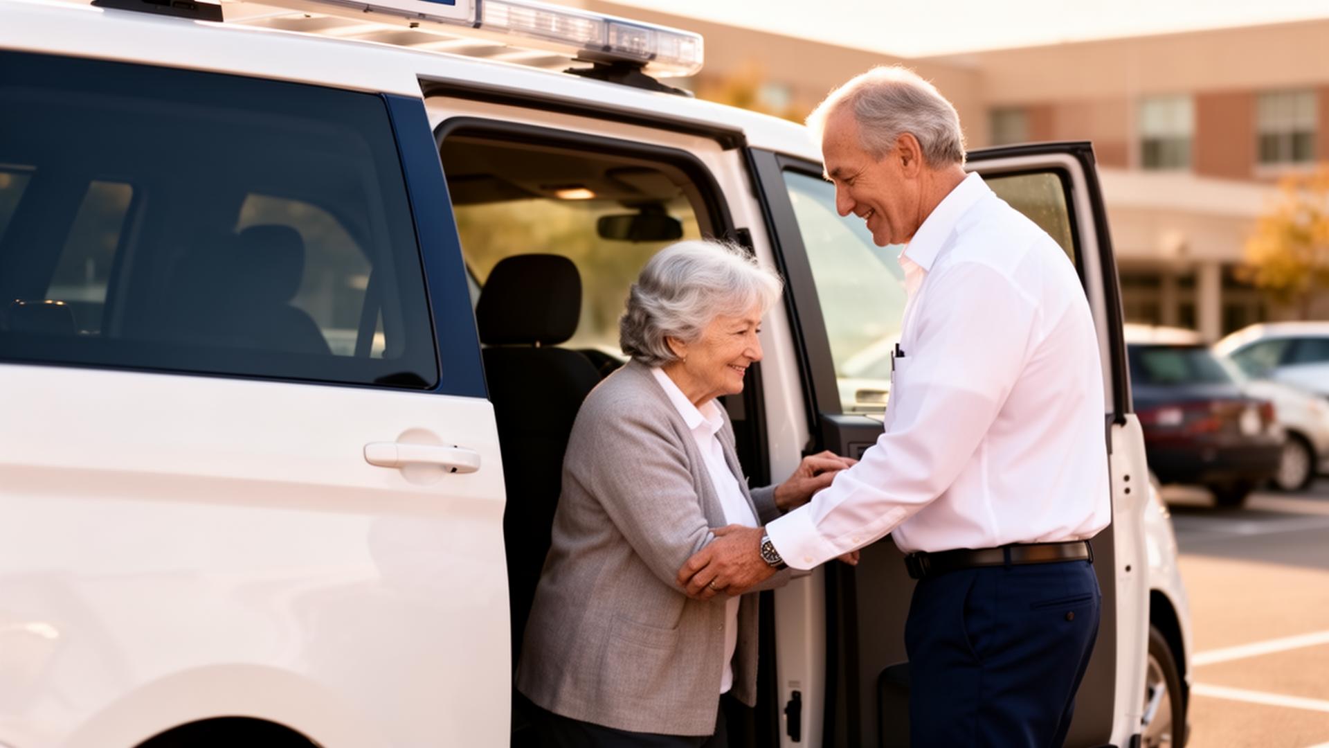 Driver assisting senior patient into medical transport van